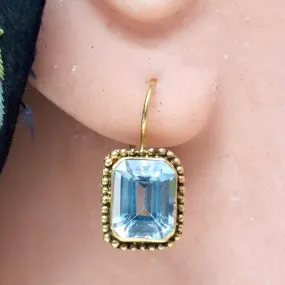 14k Emerald Cut Blue Topaz Earrings