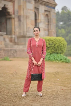 Gargi in Fizaa's Chikankari Cotton Silk Kurta Set for Women - Falu Red