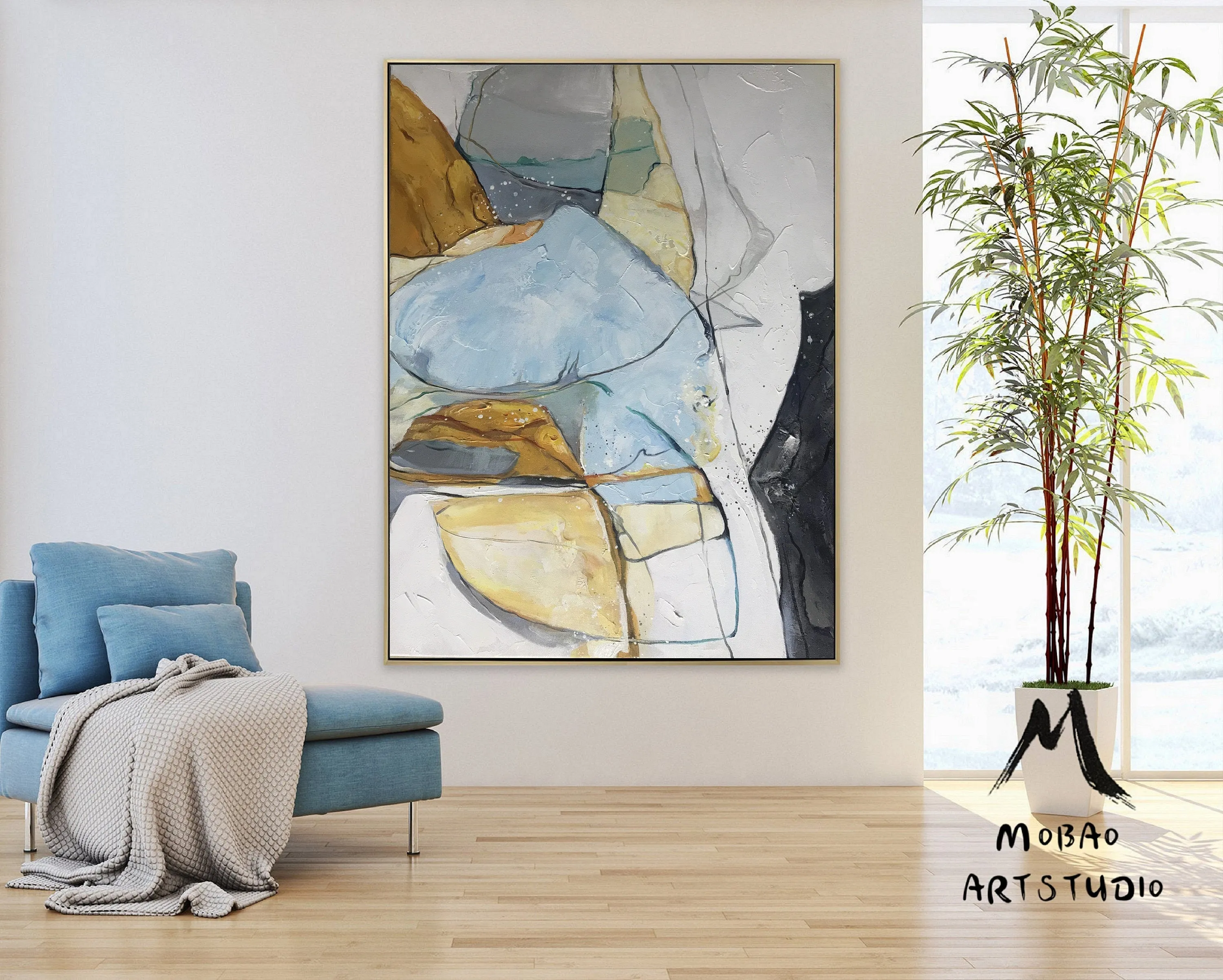 Gold Blue Abstract Painting Large Colorful Canvas Art Np062